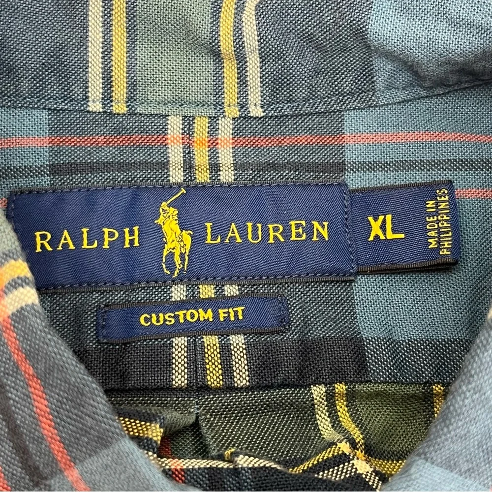 Polo Ralph Lauren Custom Fit Blue Green Plaid Long Sleeve Shirt Mens Size‎ XL